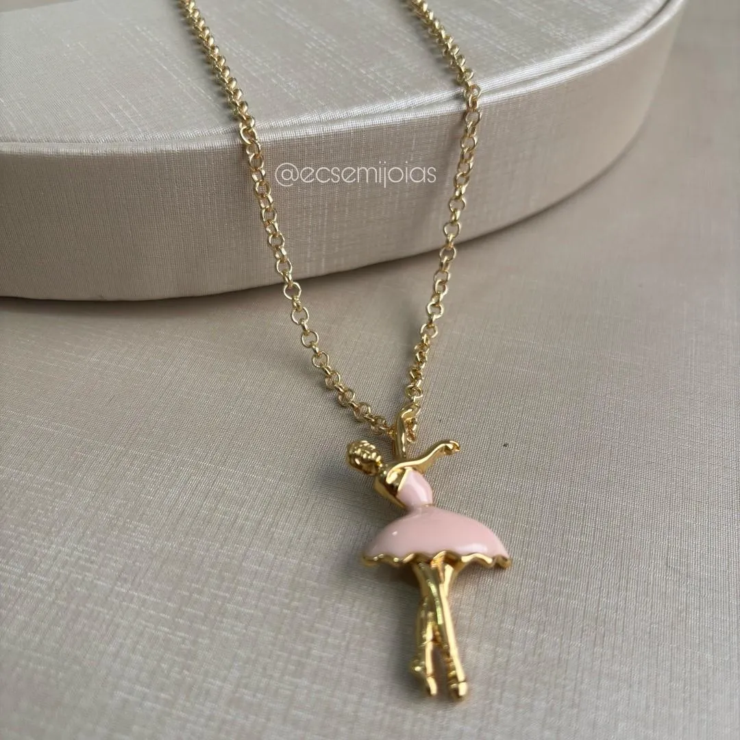 Colar de elo português 3mm com bailarina resinada - 45cm - banhado a ouro 18k