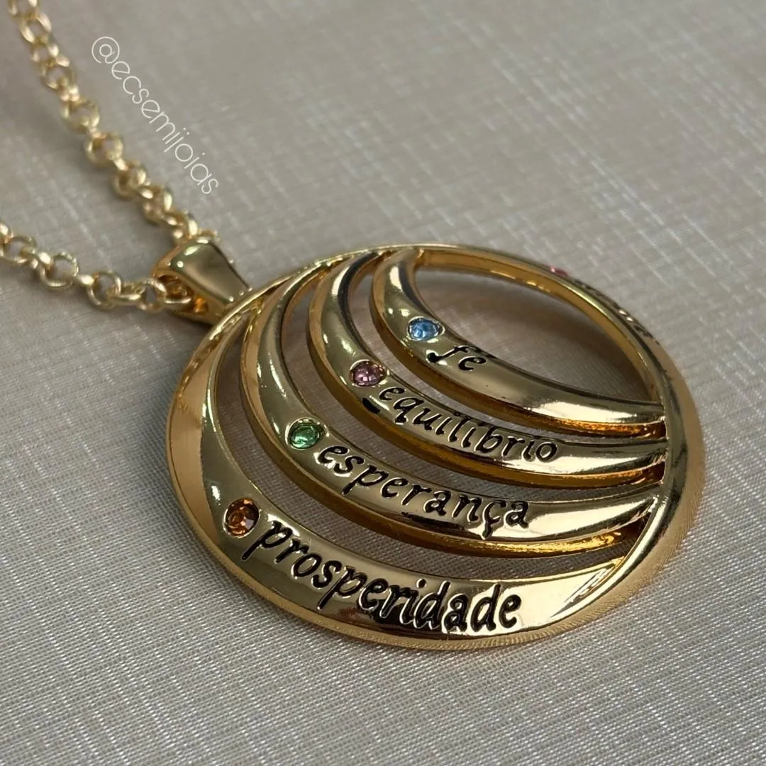 Colar de elo português 3mm com mandala AMOR, FÉ, EQUILÍBRIO, ESPERANÇA, PROSPERIDADE com zircônias coloridas - 50cm - banhado a ouro 18k