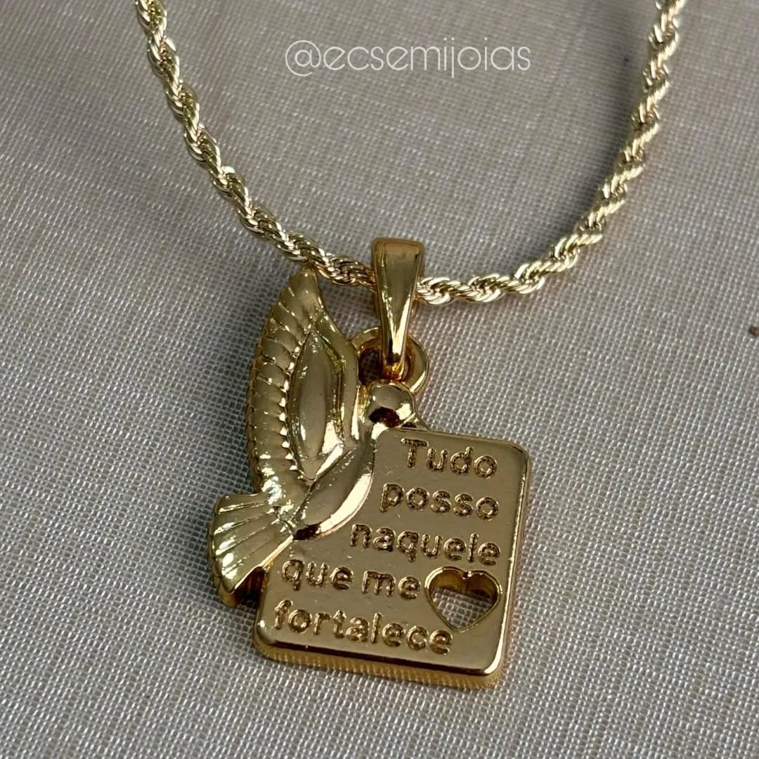 Colar cordão baiano 1,5mm com pomba e placa TUDO POSSO NAQUELE QUE ME FORTALECE - 45cm - banhado a ouro 18k