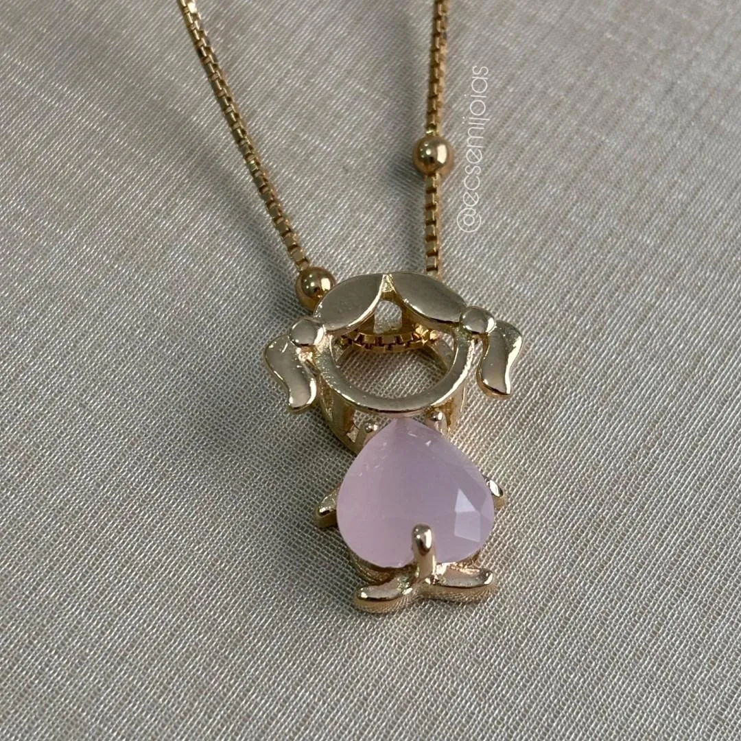 Colar veneziana com bolinhas lisas e pingente de menina com pedra coração 10mm - 45cm - banhado a ouro 18k
