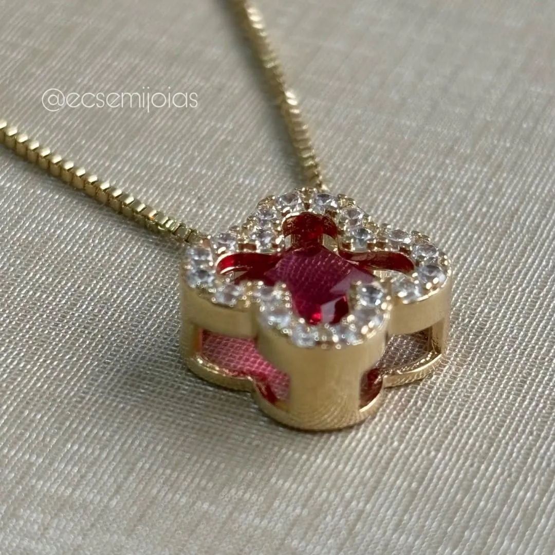 Colar veneziana com pingente de trevo com zircônia maior no centro cravejado nas bordas - 45cm - banhado a ouro 18k