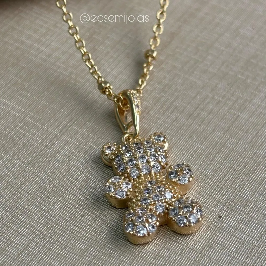 Colar português fininho com bolinhas lisas e pingente de de ursinho cravejado - 40cm + extensor - banhado a ouro 18k