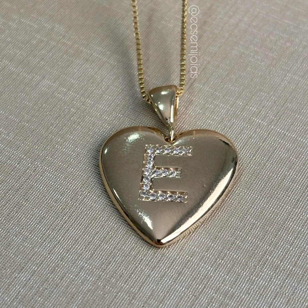 Colar veneziana pingente coração liso com letra cravejada - 73cm - banhado a ouro 18k