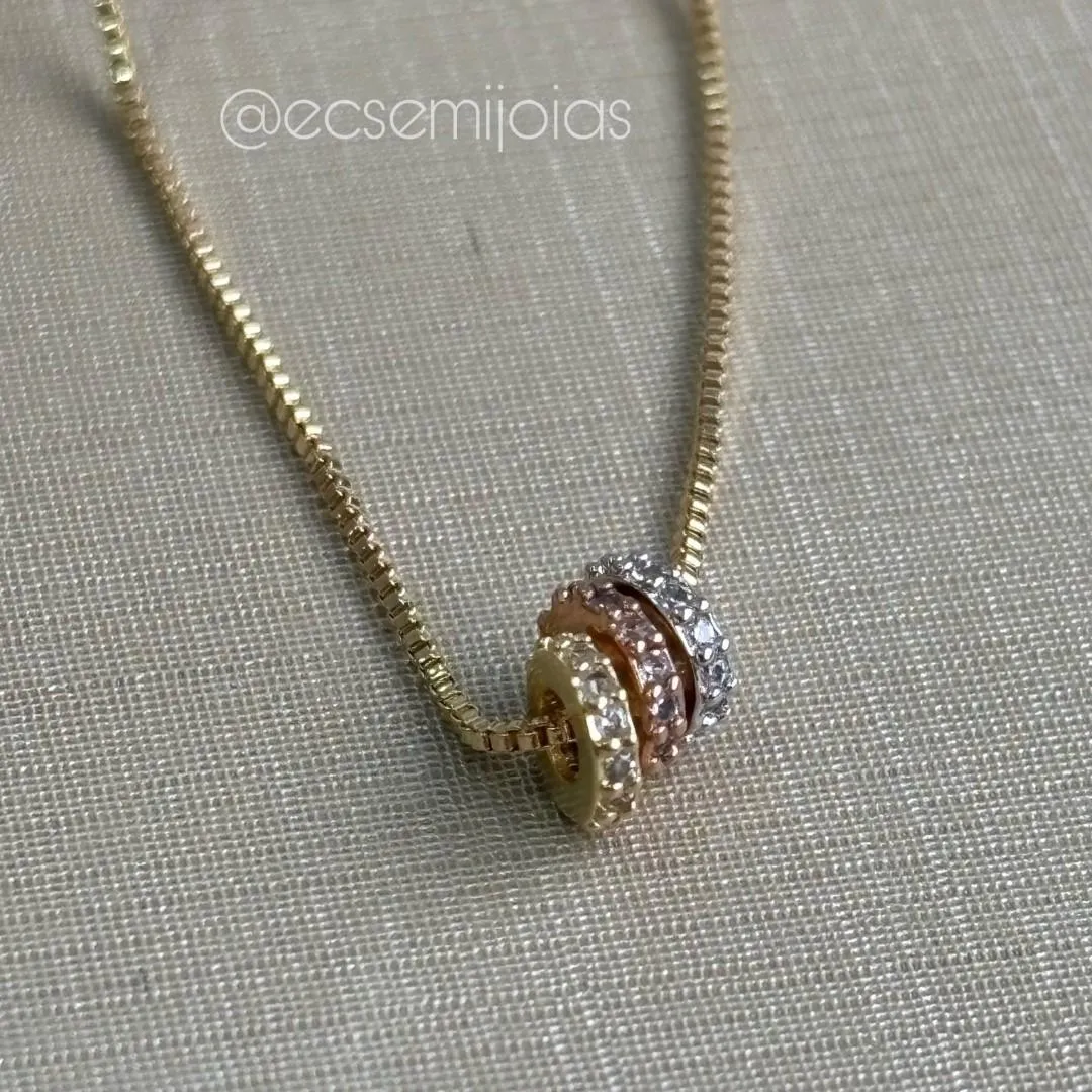 Colar veneziana com 3 rodinhas cravejadas - 45cm - banhado a ouro 18k
