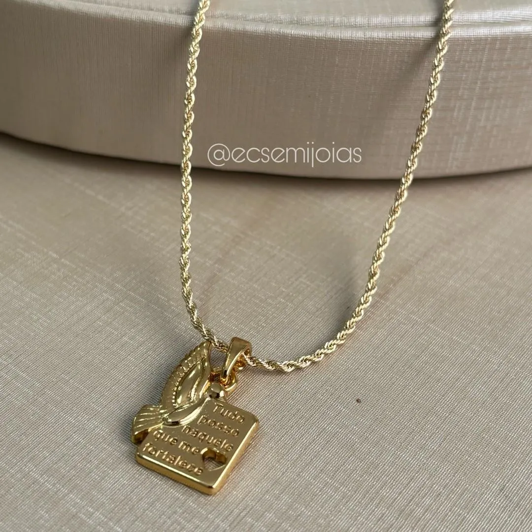 Colar cordão baiano 1,5mm com pomba e placa TUDO POSSO NAQUELE QUE ME FORTALECE - 45cm - banhado a ouro 18k