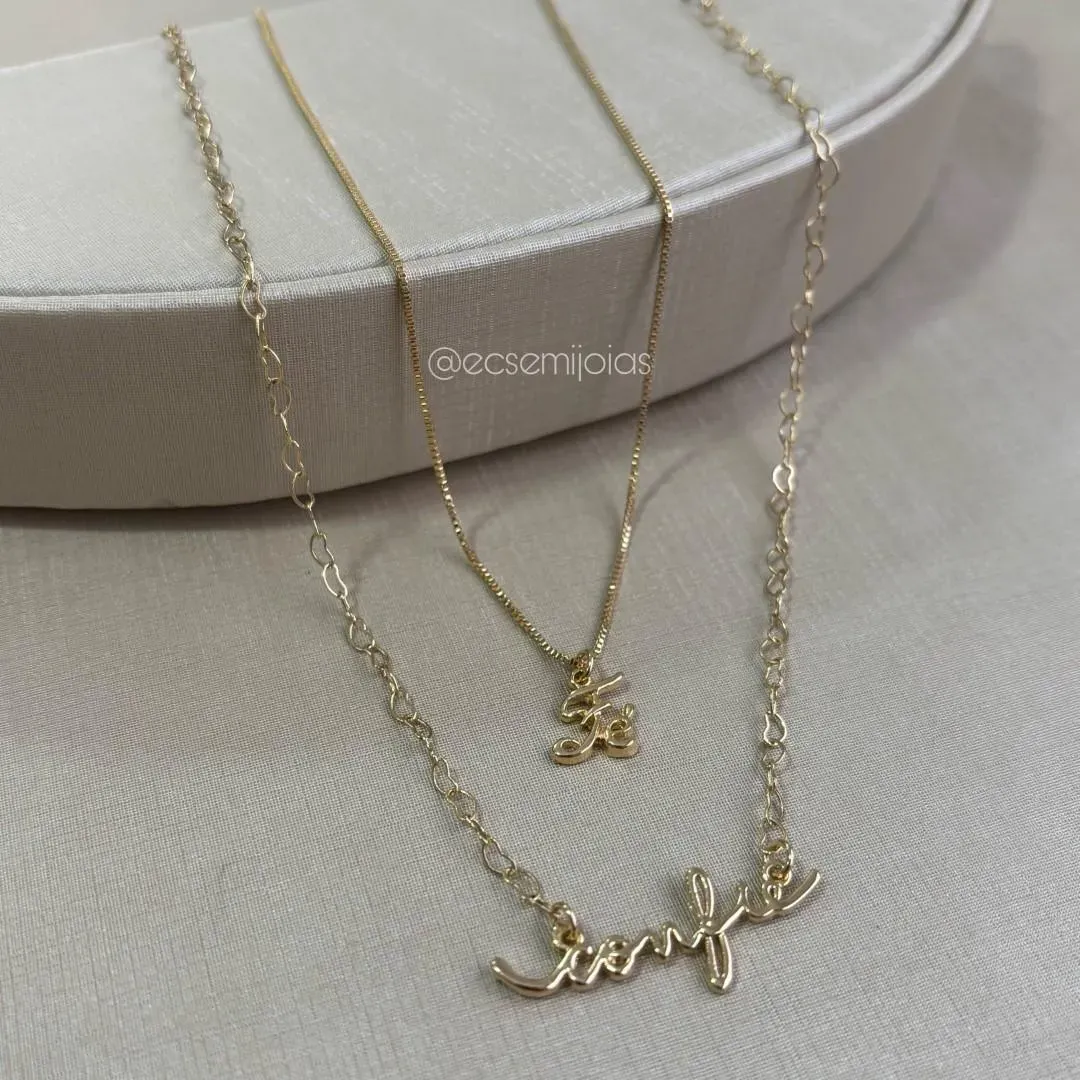 Colar de 2 andares de veneziana e elos de coraões vazados com escrito FÉ e CONFIE - 40cm + extensor - banhado a ouro 18k