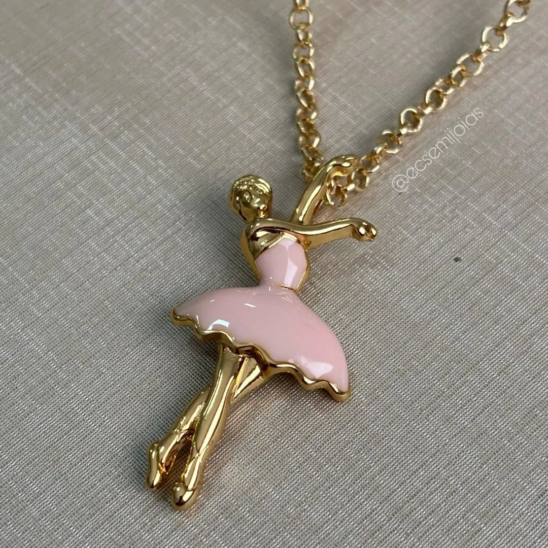 Colar de elo português 3mm com bailarina resinada - 45cm - banhado a ouro 18k