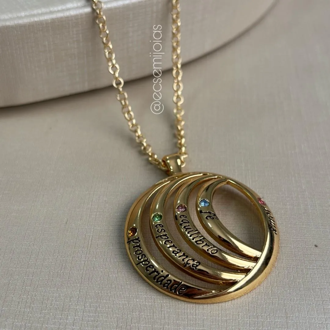Colar de elo português 3mm com mandala AMOR, FÉ, EQUILÍBRIO, ESPERANÇA, PROSPERIDADE com zircônias coloridas - 50cm - banhado a ouro 18k