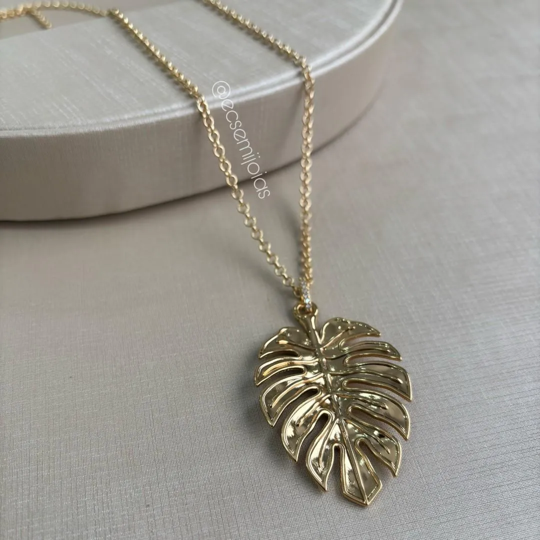 Colar de elo português 3mm com pingente maxxi folha lisa - 60cm - banhado a ouro 18k