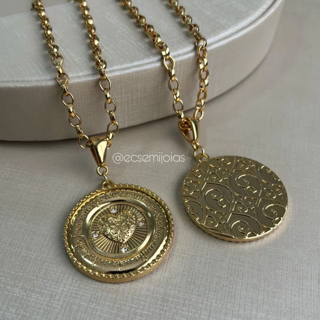 Colar de elo português 4mm com maxxi mandala ENTREGA TEU CAMINHO... - 45cm - banhado a ouro 18k