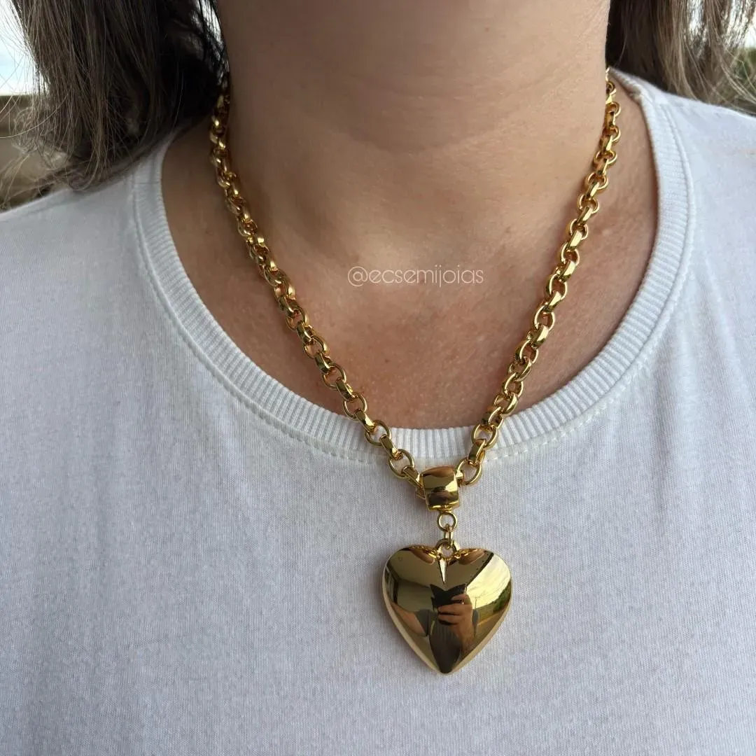 Colar elo português 7mm com coração 3cm liso  - 45cm - banhado a ouro 18k