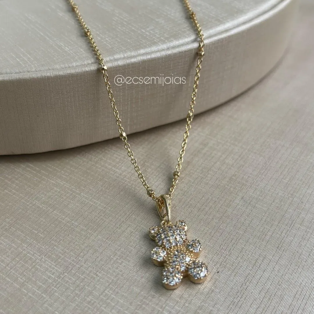Colar português fininho com bolinhas lisas e pingente de de ursinho cravejado - 40cm + extensor - banhado a ouro 18k