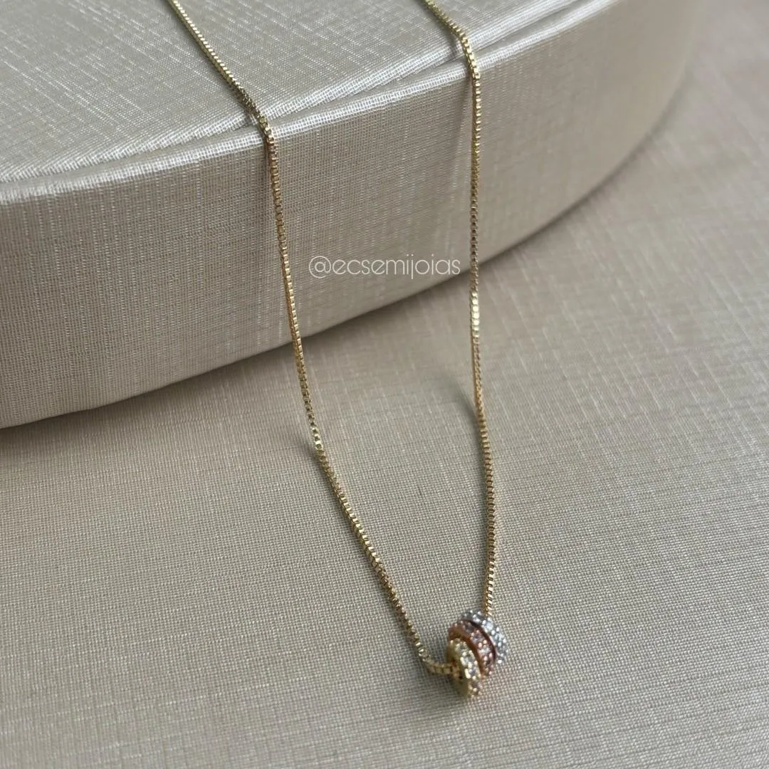 Colar veneziana com 3 rodinhas cravejadas - 45cm - banhado a ouro 18k