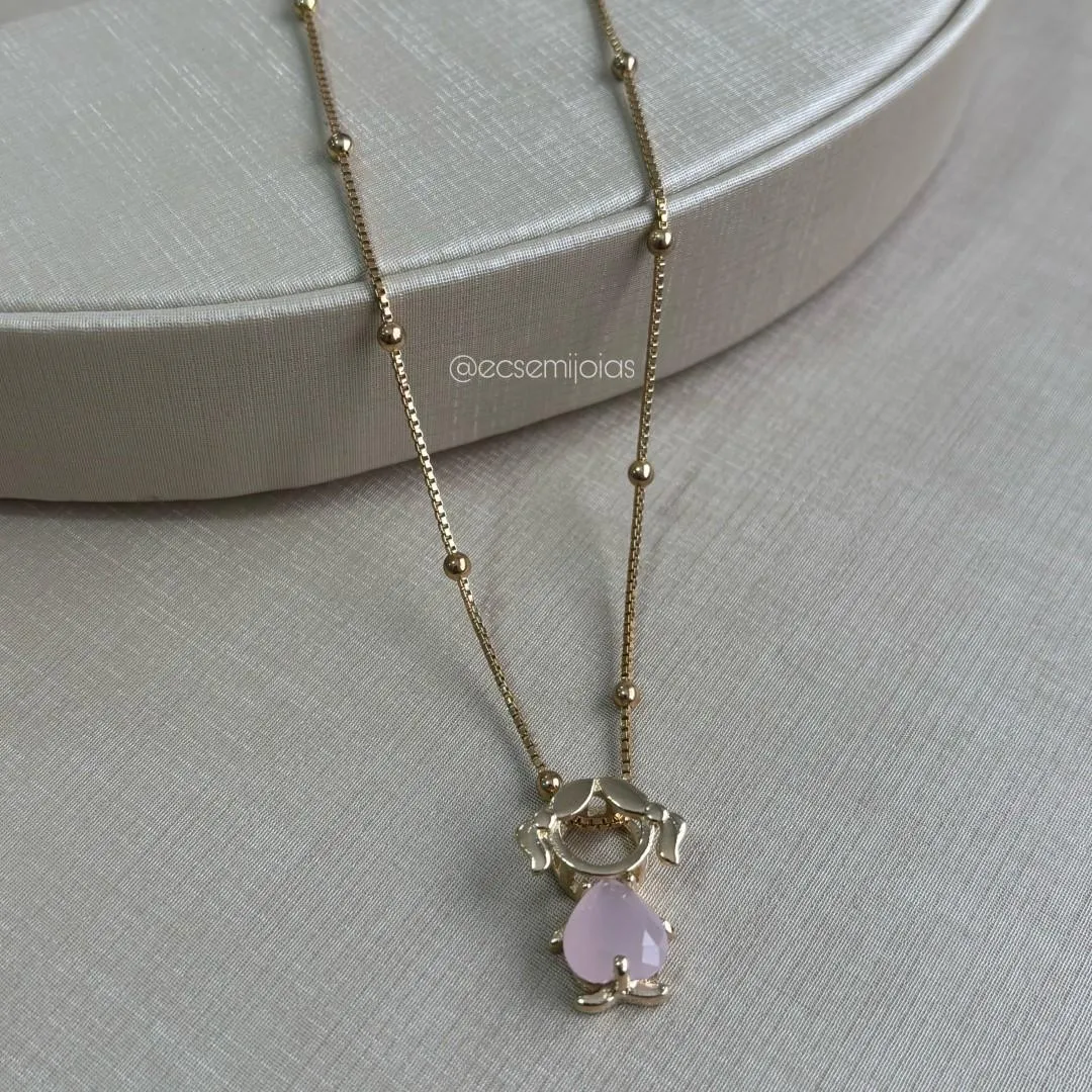 Colar veneziana com bolinhas lisas e pingente de menina com pedra coração 10mm - 45cm - banhado a ouro 18k