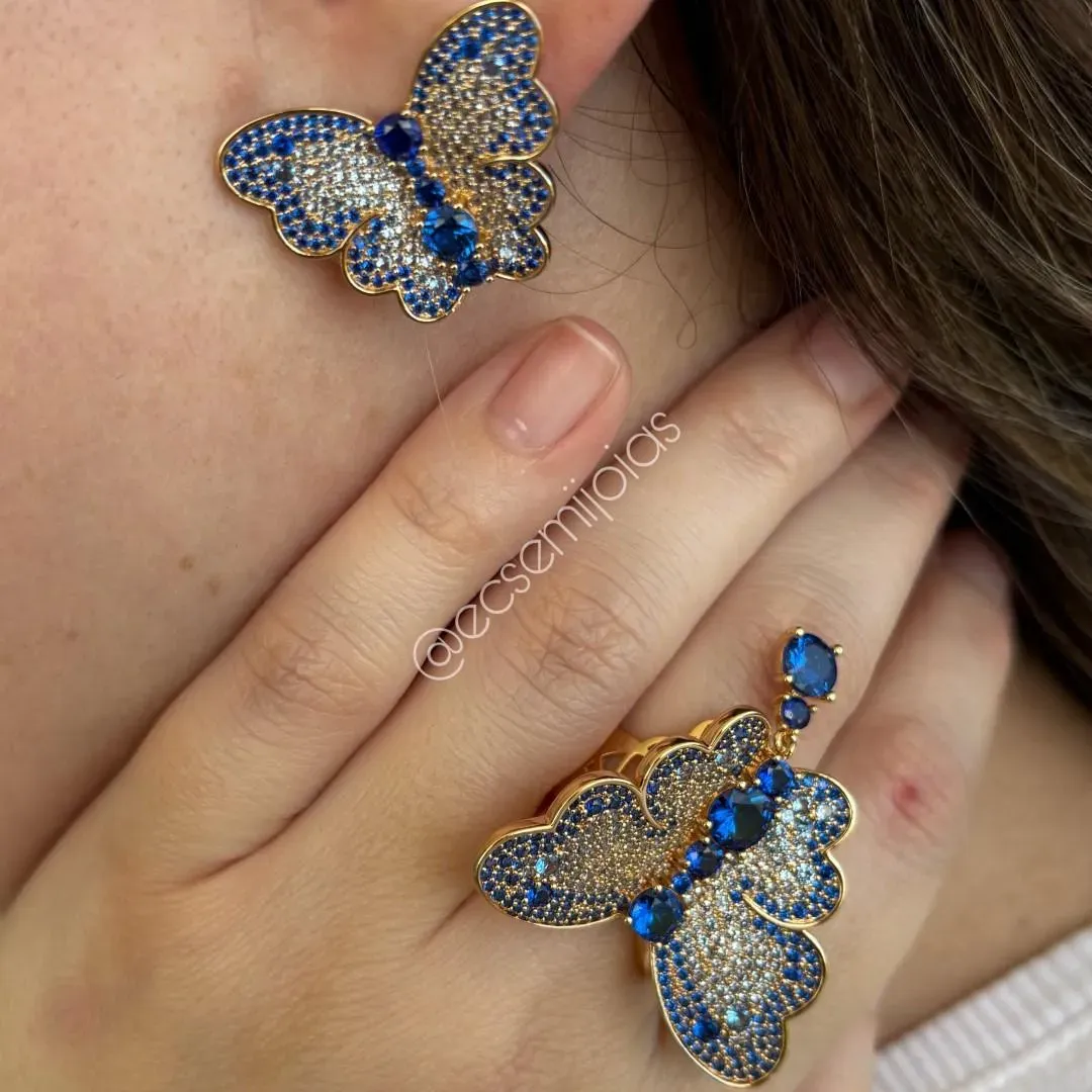 Conjunto de anel e brinco de borboletas cravejadas - banhado a ouro 18k