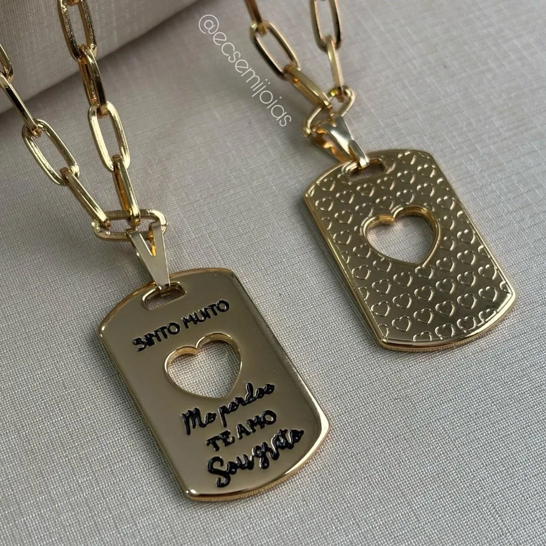 Corrente elo cartier 4mm com placa SINTO MUITO... - 60cm - banho ouro 18k