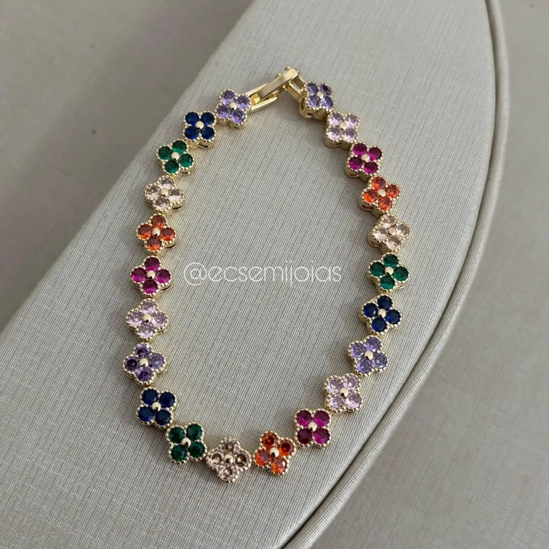 Pulseira com 100% de florzinhas cravejadas - 18cm - banhado a ouro 18k