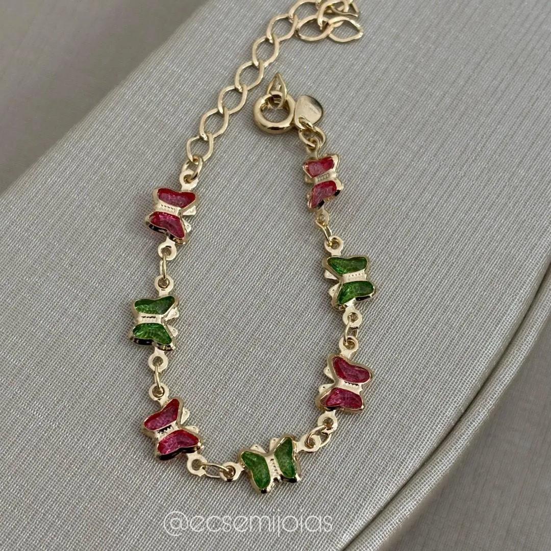 Pulseira com borboletas coloridas - 11cm + extensor - banhado a ouro 18k