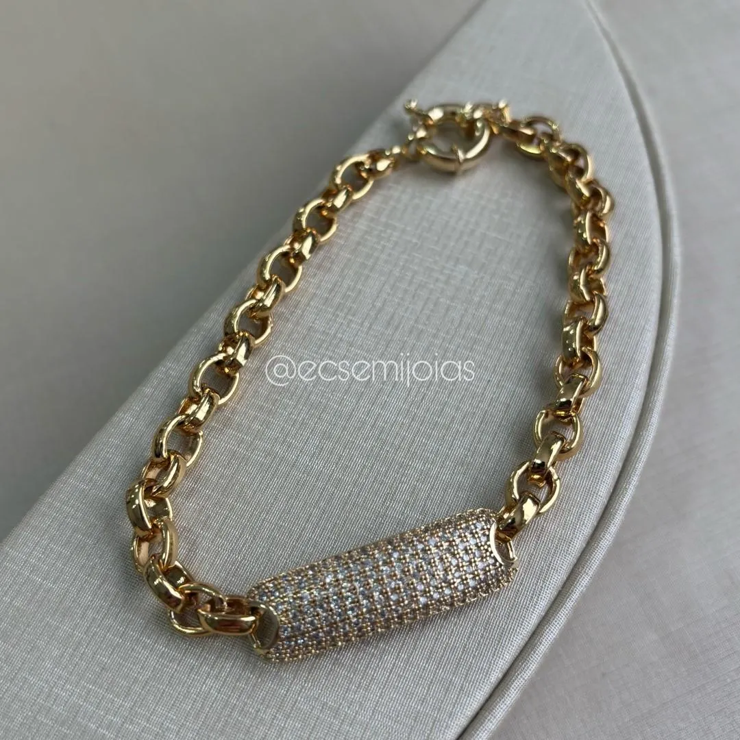 Pulseira de elo português 6mm com placa retangular 10x35mm cravejada - 22cm - banhado a ouro 18k