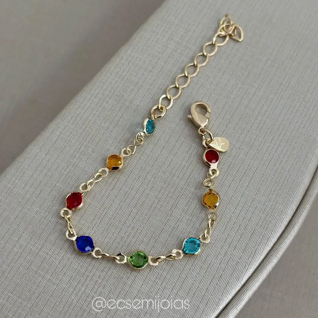 Pulseira infantil com cristais coloridos - 11cm + extensor - banhado a ouro 18k