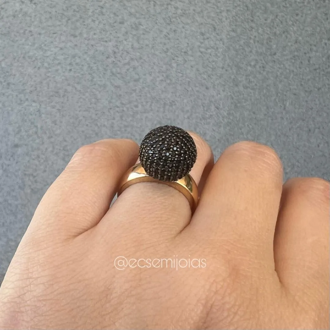 Anel de bola 13mm grande cravejada - banhado a ouro 18k