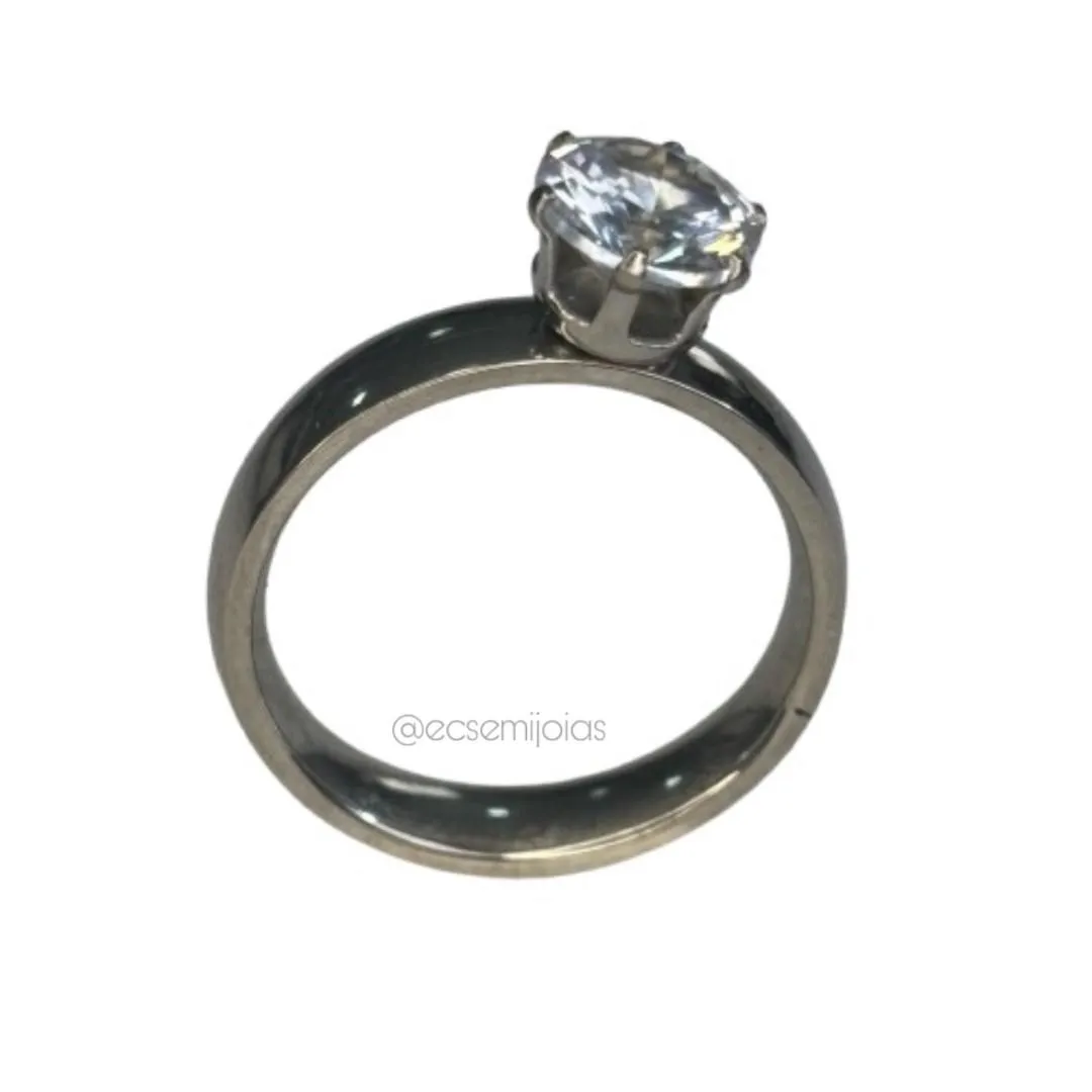 Anel solitário 7mm com 6 garras e aro liso - aço