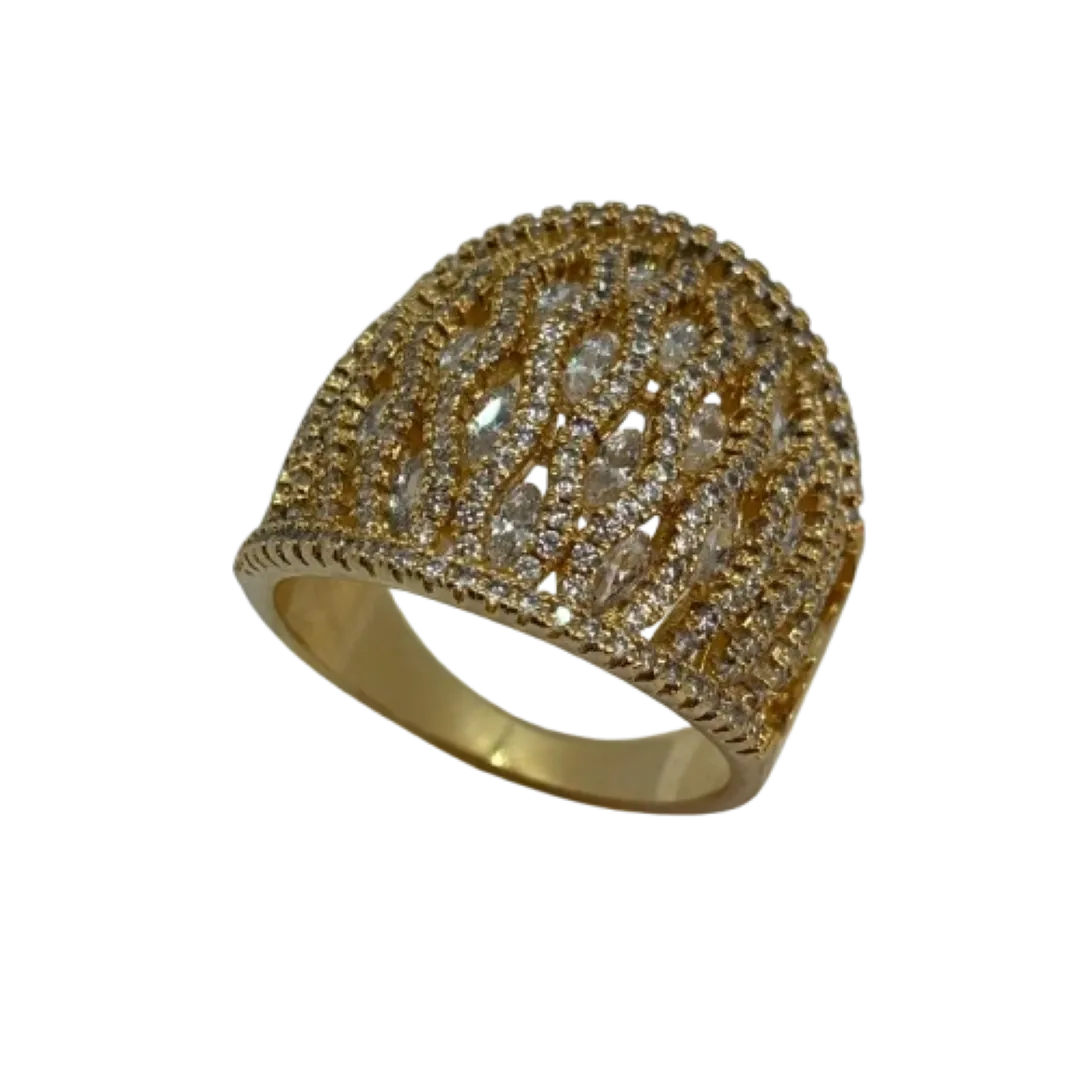 Conjunto de anel e brinco oval cravejado vazado - banhado a ouro 18k