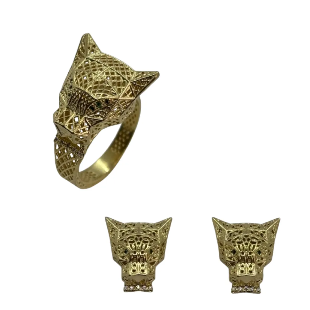 Conjunto de anel e brinco de pantera toda vazada com olhos cravejados - banhado a ouro 18k