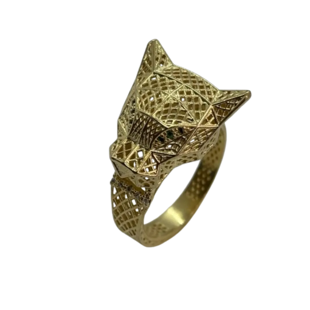 Conjunto de anel e brinco de pantera toda vazada com olhos cravejados - banhado a ouro 18k