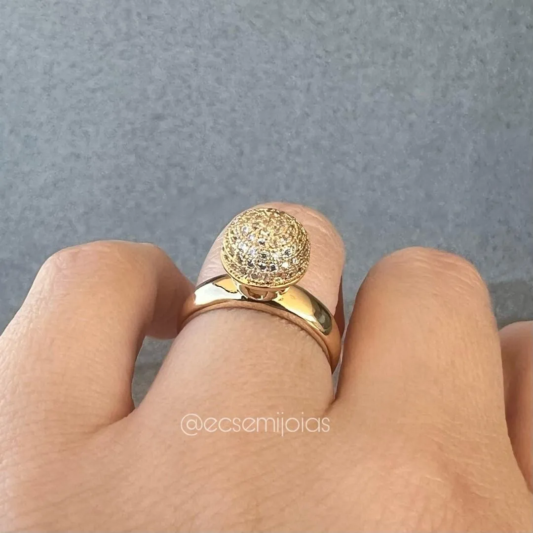 Anel bola cravejada - 10mm - banhado a ouro 18k