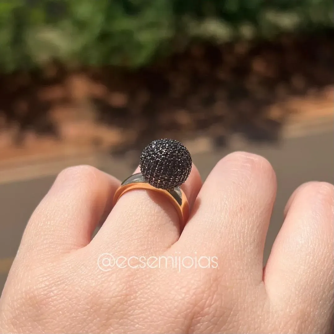 Anel de bola 13mm grande cravejada - banhado a ouro 18k