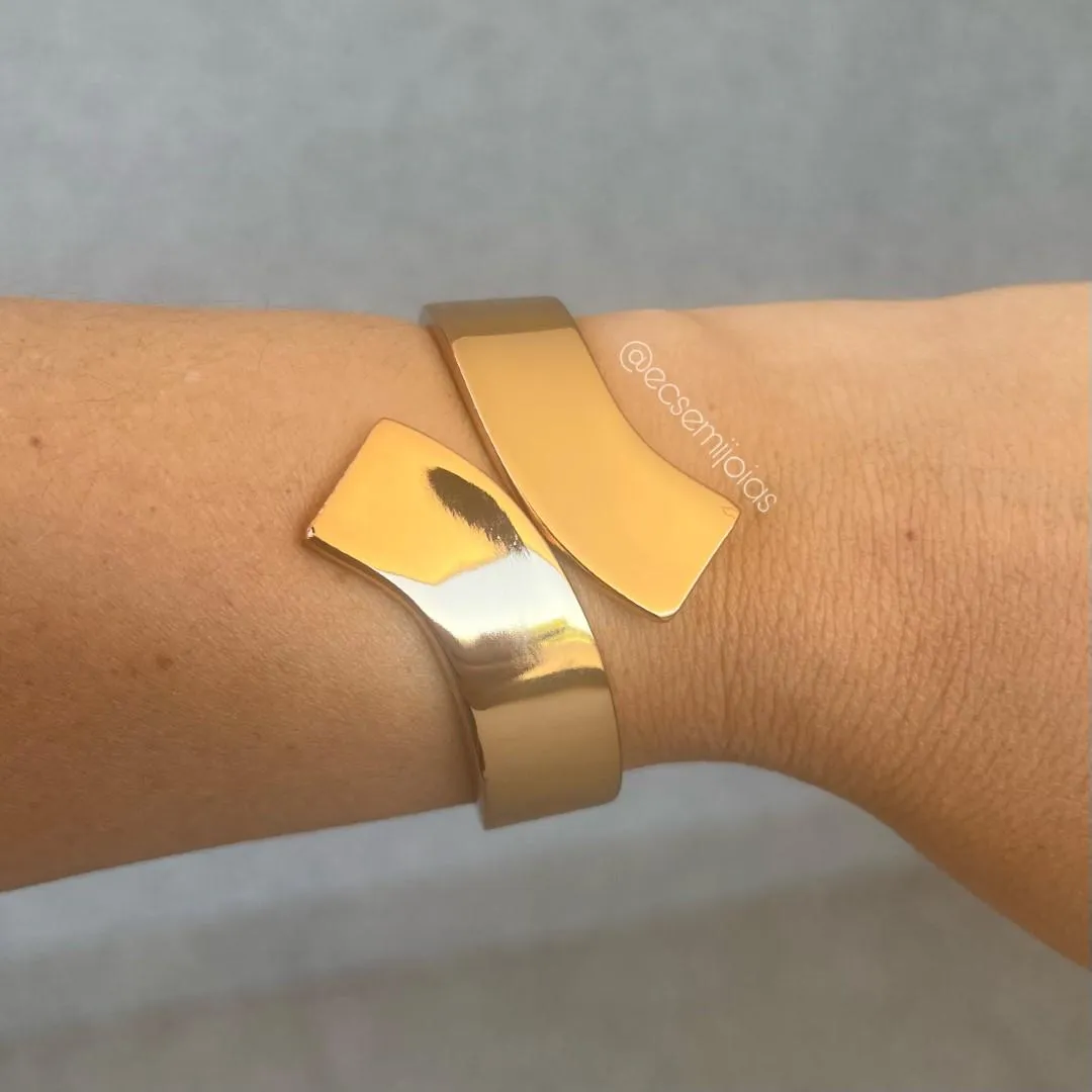 Bracelete aro grosso liso com 2 pontas - 1,6cm espessura - banhado a ouro 18k