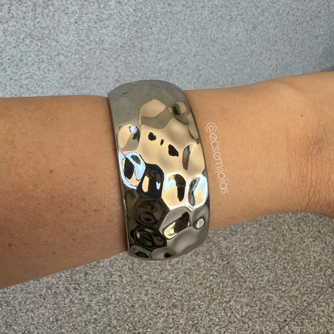 Bracelete aro grosso martelado liso - 3,2cm espessura - banhado a ródio branco