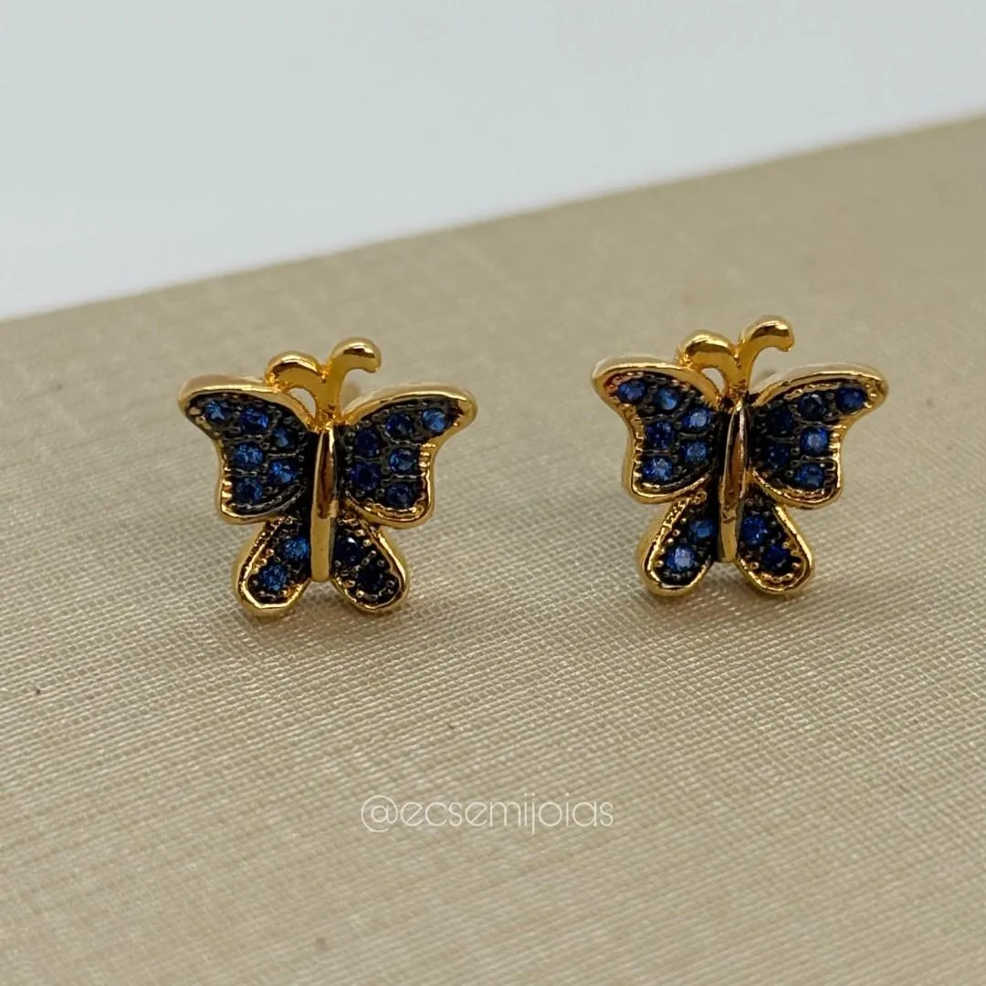Brinco de borboleta cravejada - 10mm - banhado a ouro 18k