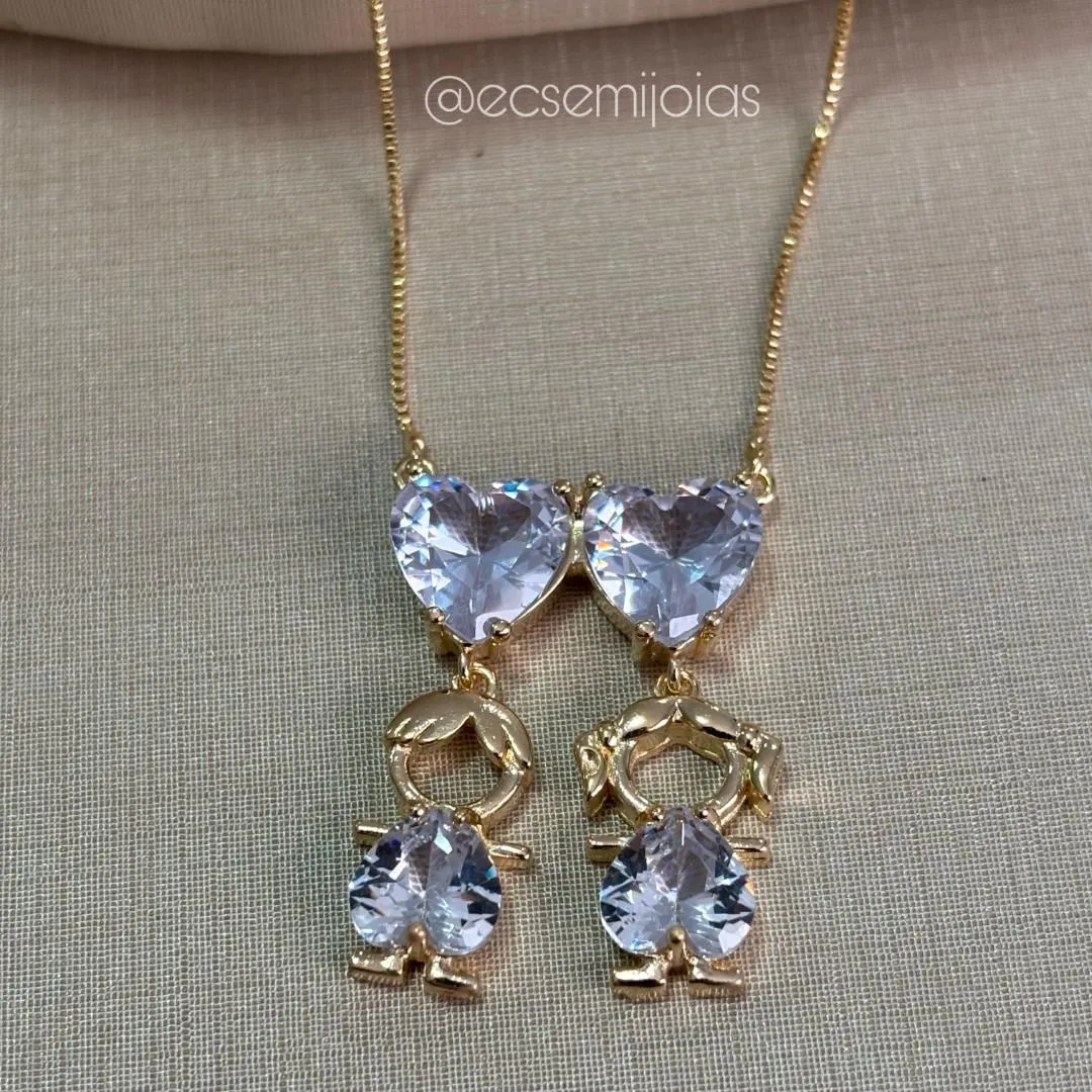 Colar com 2 corações 9mm e casal com corações 8mm - 45cm + extensor - banhado a ouro 18k