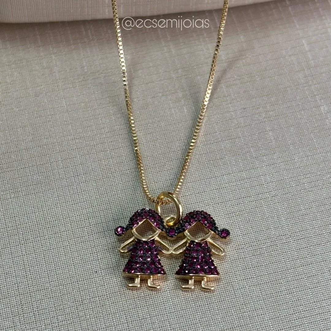 Colar com 2 meninas cravejadas - 45cm - banhado a ouro 18k