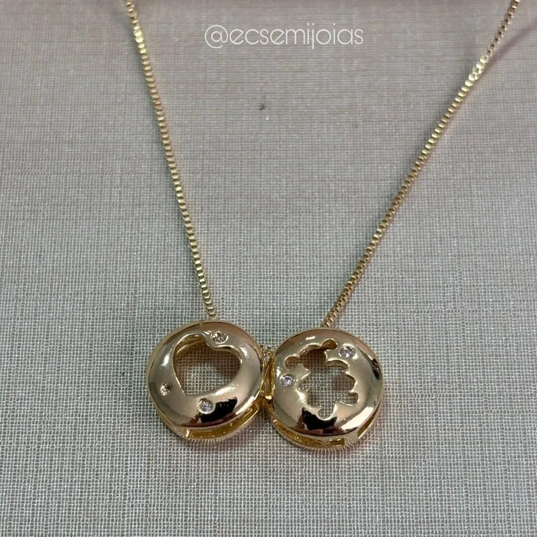 Colar com pingentes redondos com zircônia, 1 menina e 1 coração - 45cm - banhado a ouro 18k