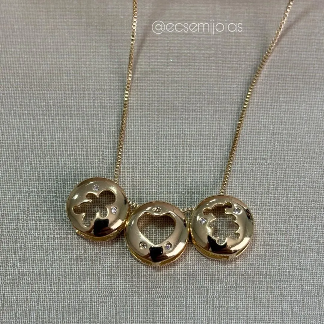 Colar com pingentes redondos com zircônia, casal e 1 coração no centro - 45cm - banhado a ouro 18k