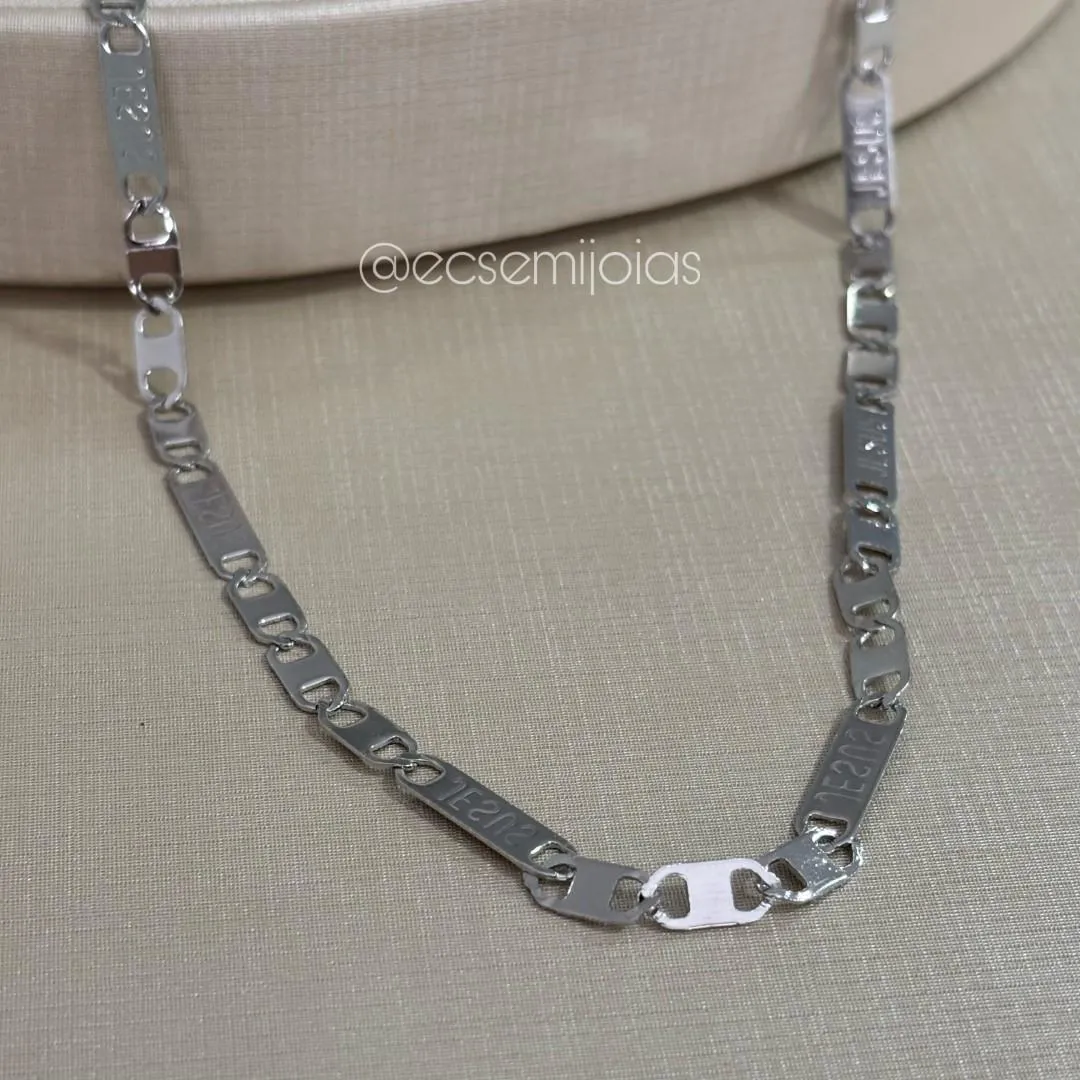 Colar masculino de elos retangulares escrito JESUS de 5mm - 60cm - aço
