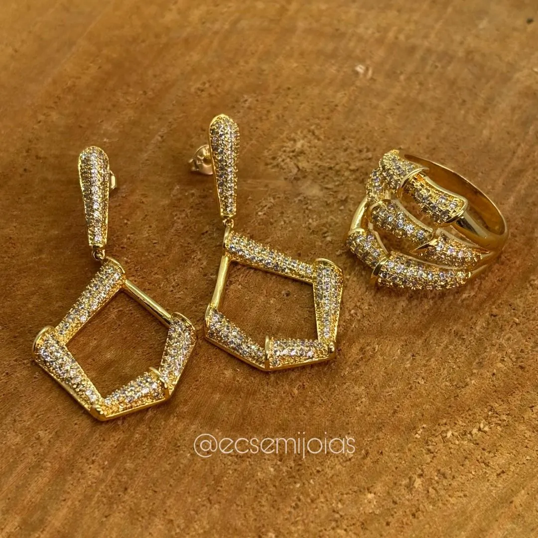 Conjunto de anel e brinco de escamas cravejadas - banhado a ouro 18k