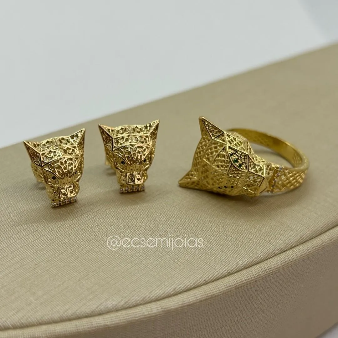 Conjunto de anel e brinco de pantera toda vazada com olhos cravejados - banhado a ouro 18k