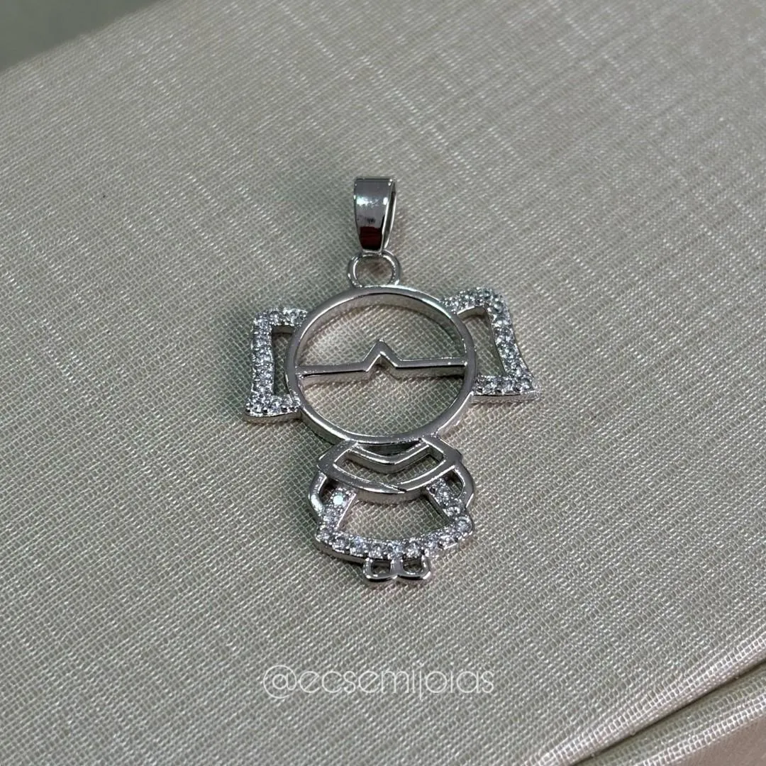 Pingente de menina cravejada vazada - 19x20mm - banhado a ródio branco