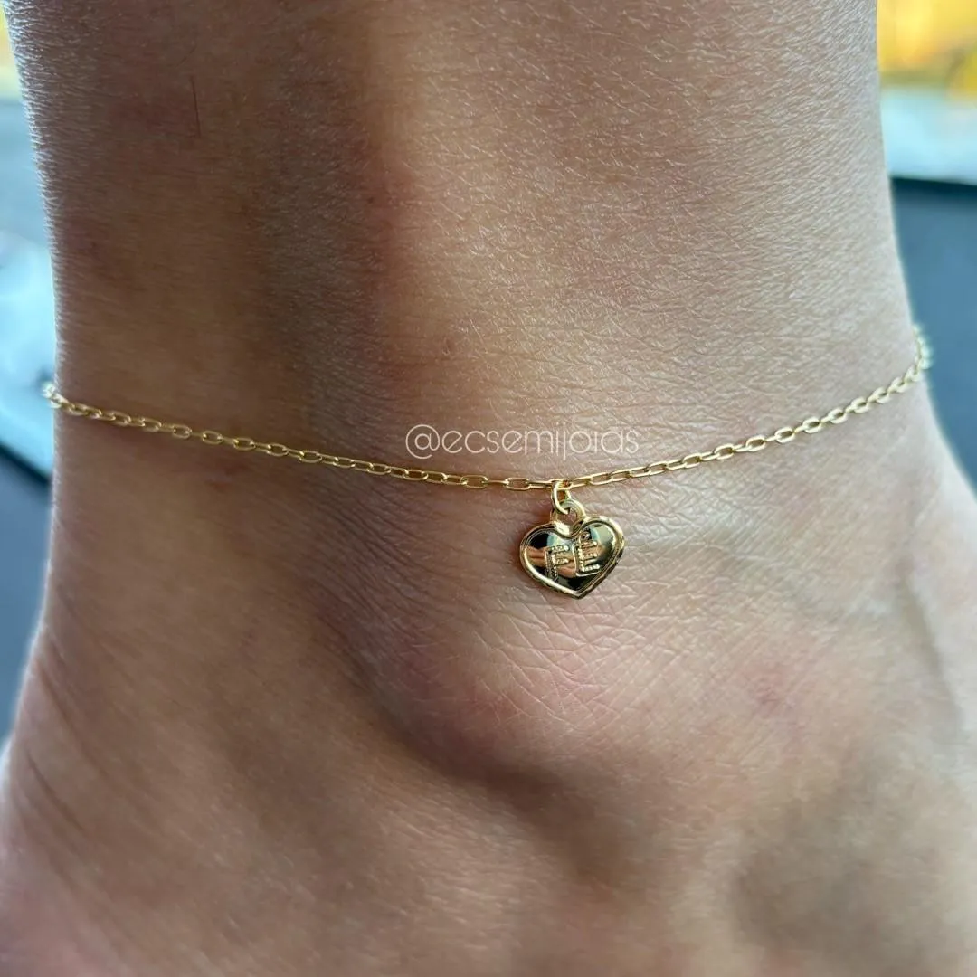 Tornozeleira cartier fininho com pingente de coração escrito FÉ - 25cm - banhado a ouro 18k