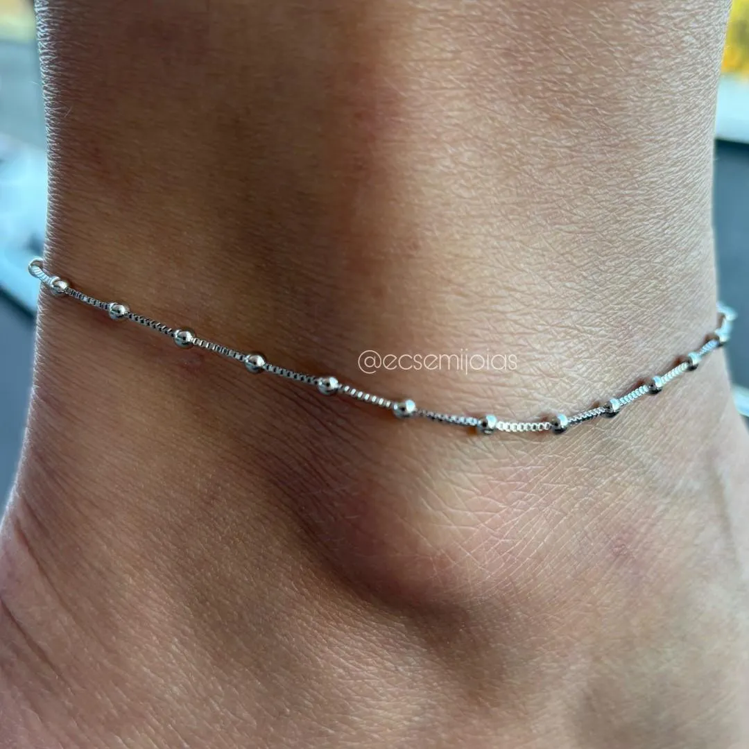 Tornozeleira veneziana com várias bolinhas pequenas juntas - 22cm + extensor - banhado a ródio branco