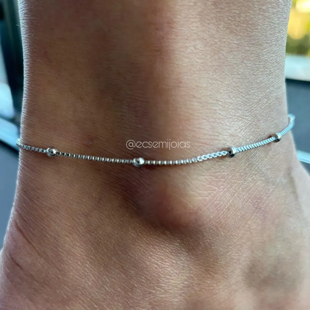 Tornozeleira veneziana de bolinhas mais espaçadas - 22cm + extensor- banhado a ródio branco