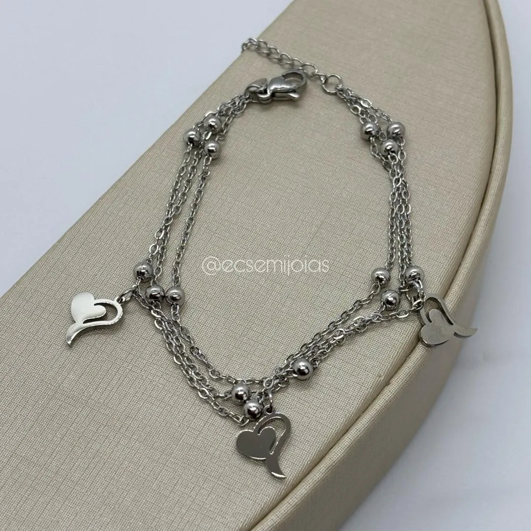 Pulseira portuguesinha tripla com bolinhas e 3 corações lisos  - 17cm + extensor - aço