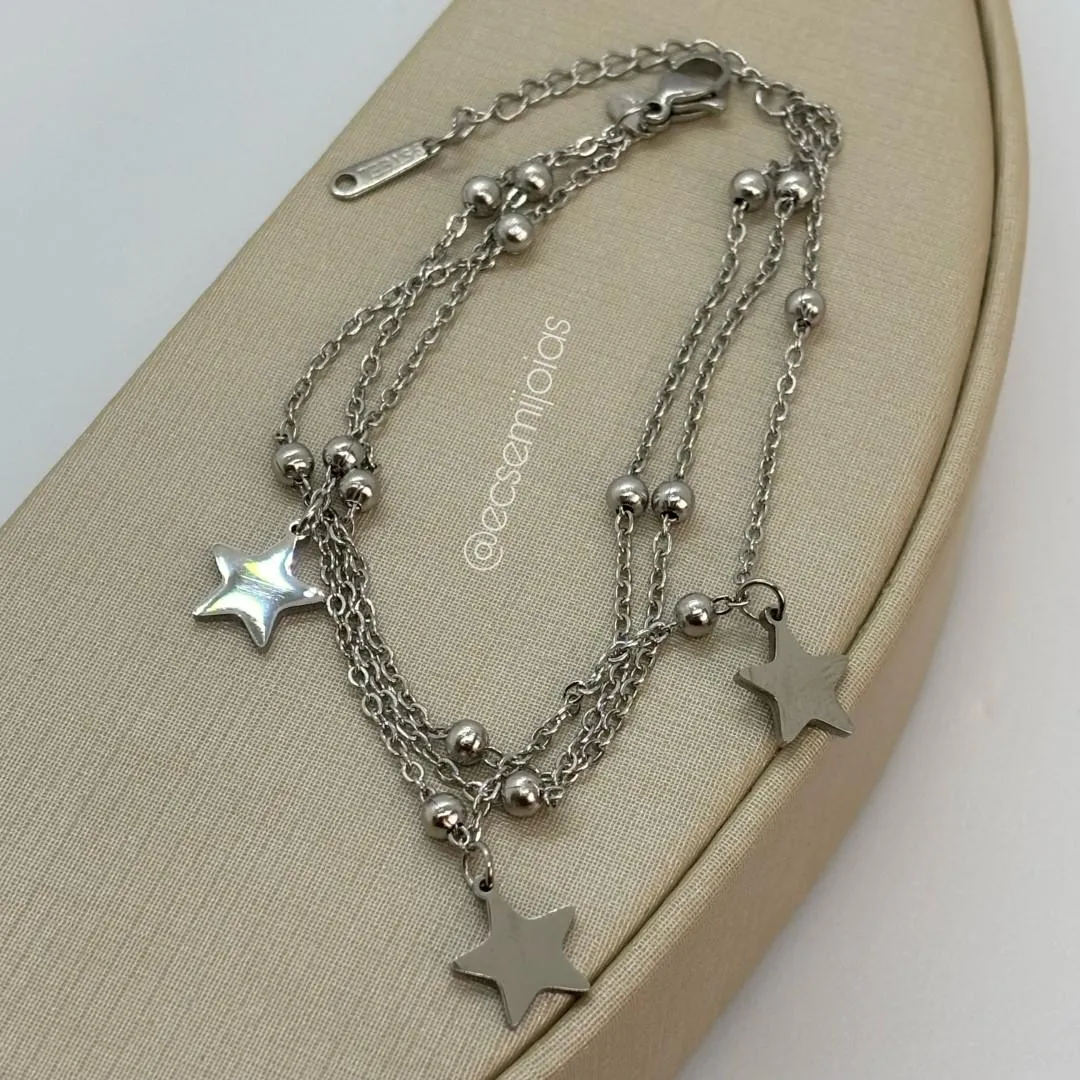 Pulseira portuguesinha tripla com bolinhas e 3 estrelas lisas - 17cm + extensor - aço
