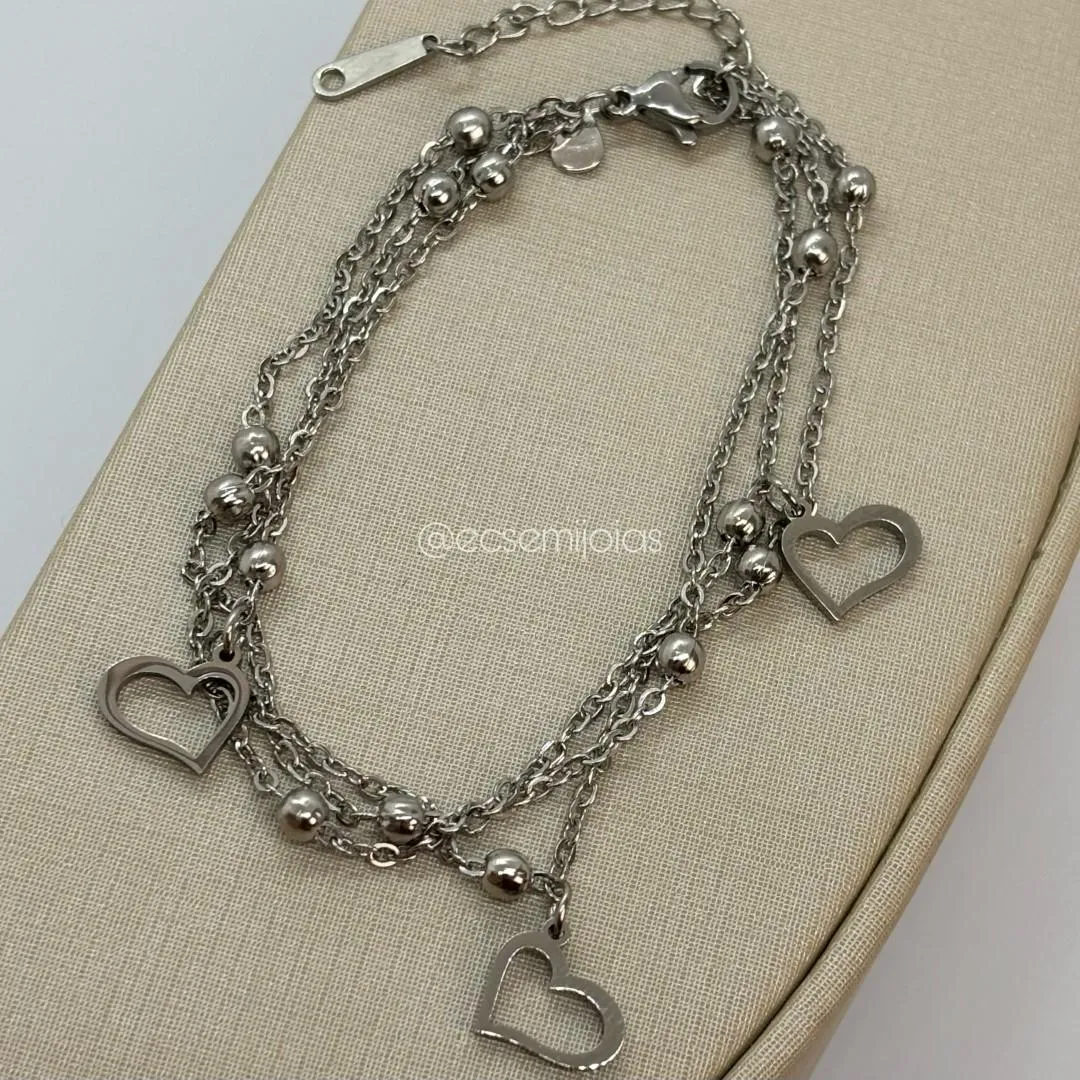 Pulseira portuguesinha tripla com bolinhas e 3 corações lisos vazados - 17cm + extensor - aço