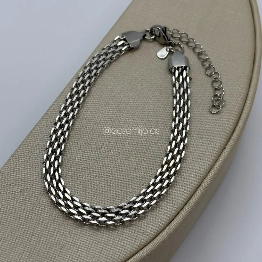 Pulseira de elos retangulares vazados - 19cm + extensor - aço