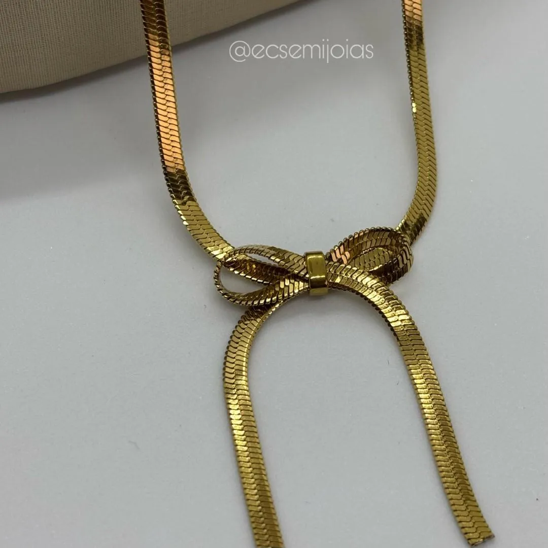 Colar de fita de 3mm com laço de fita - 40cm + extensor - aço dourado